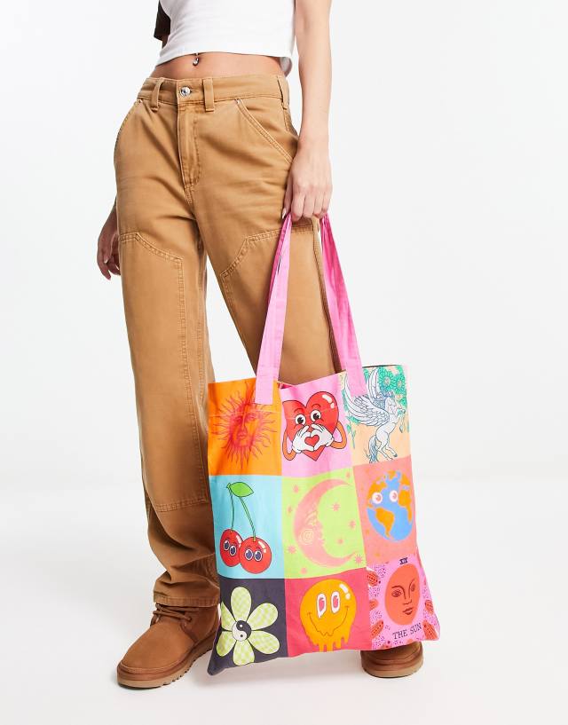 ASOS DESIGN cotton tote bag in 90s patchwork graphic in multi