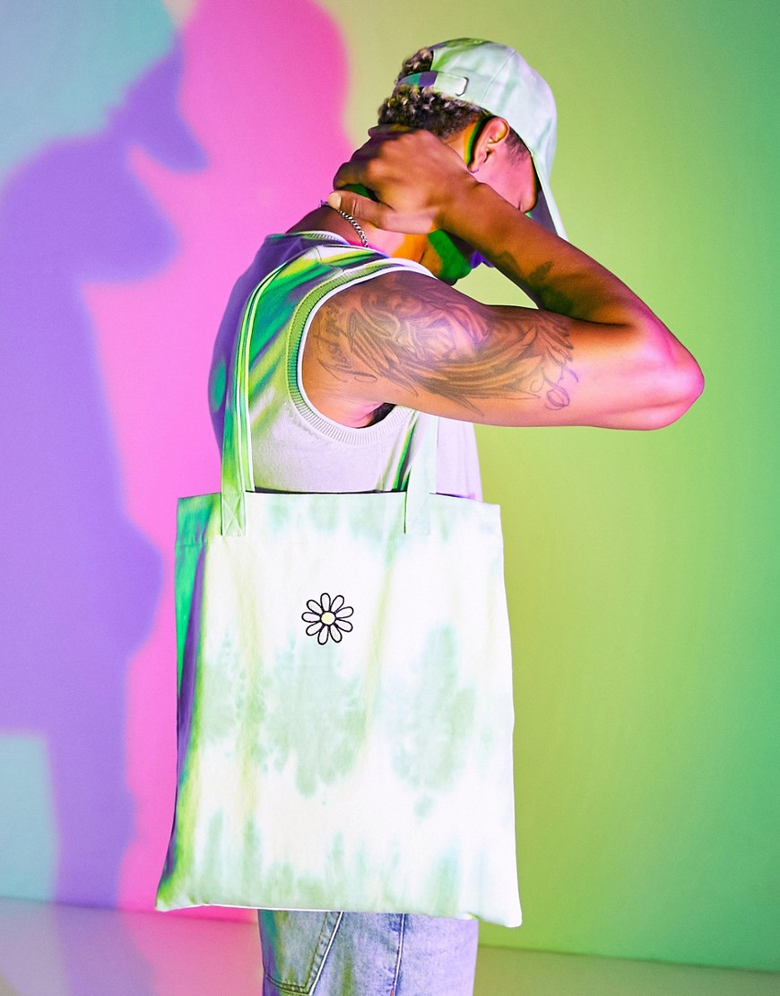 ASOS DESIGN cotton tote bag with flower embroidery in green tie dye
