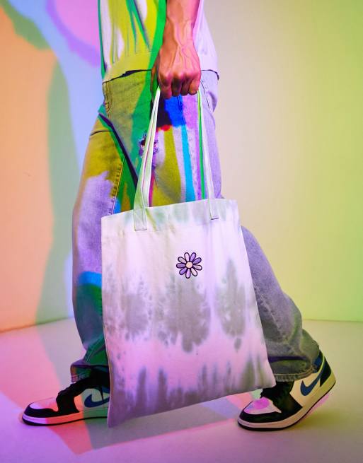ASOS DESIGN cotton tote bag with flower embroidery in green tie dye, 2 of 4