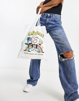 ASOS DESIGN cotton tote bag with happy days print in natural