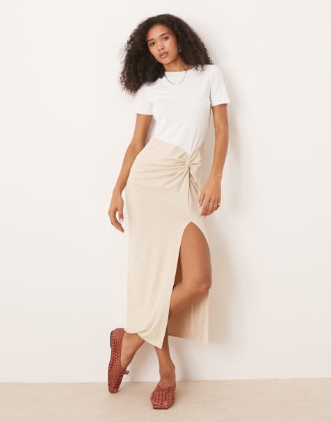 ASOS DESIGN cotton touch knot front midi dress in neutral - view 1