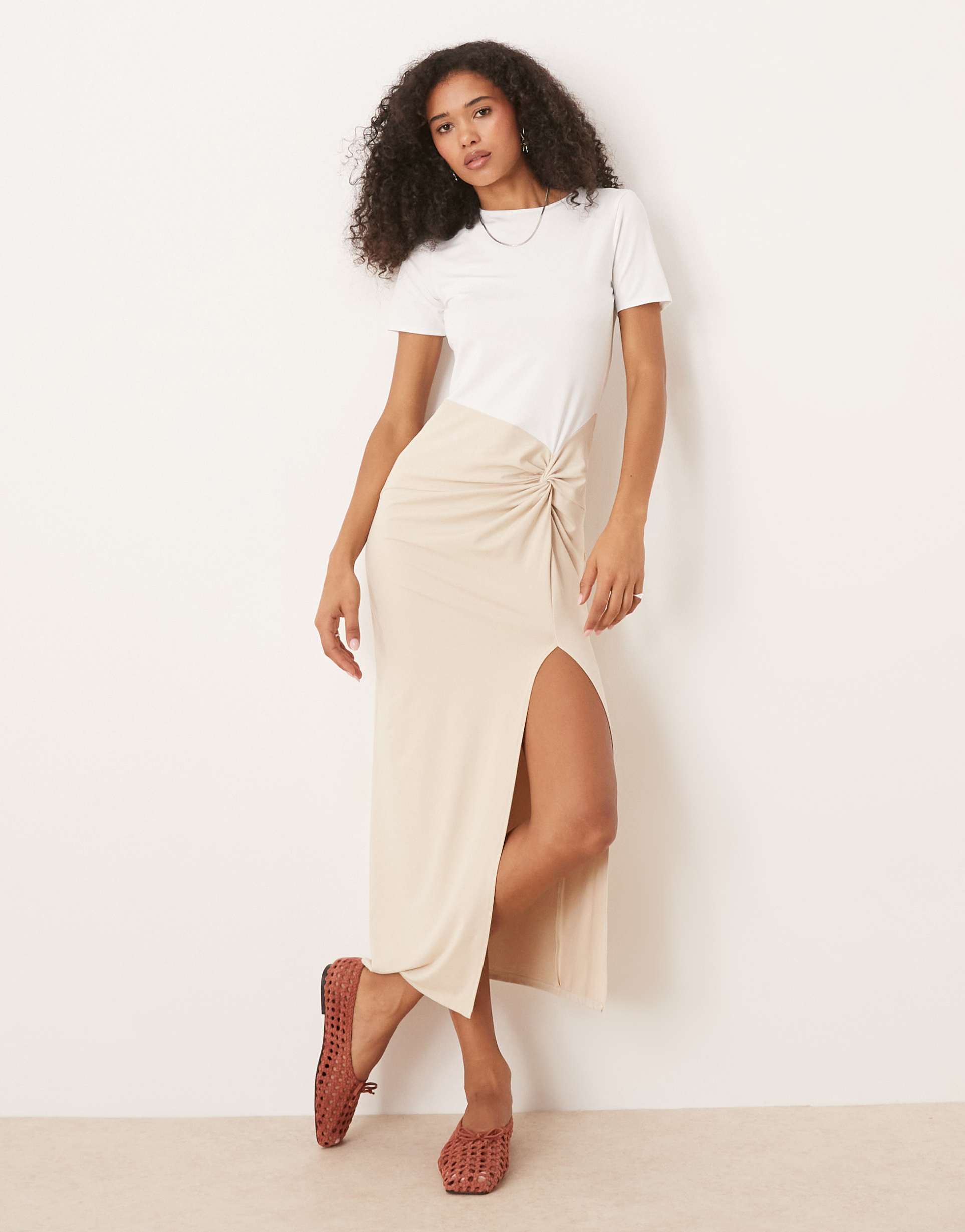 asos design cotton touch knot front midi dress in neutral