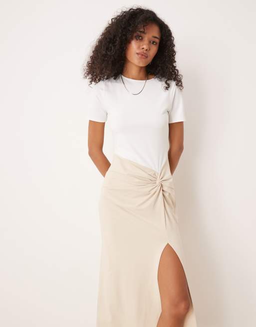 ASOS DESIGN cotton touch knot front midi dress in neutral