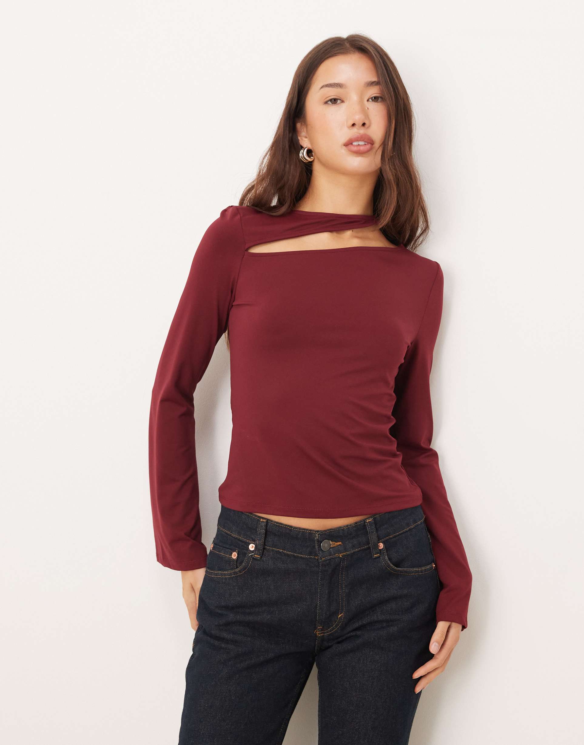 asos design cotton touch long sleeve top with cut out detail berry
