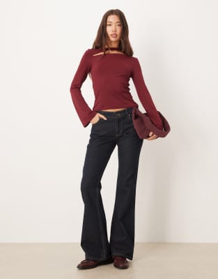 Asos Design Cotton Touch Long Sleeve Top With Cut Out Detail Berry-red In Red