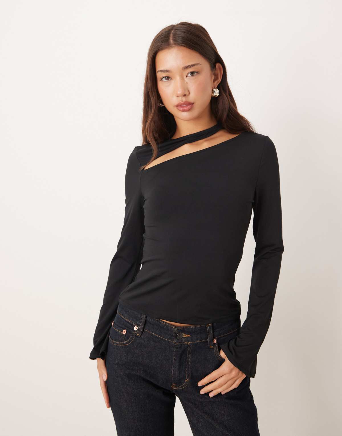 ASOS DESIGN cotton touch long sleeve top with cut out detail in black