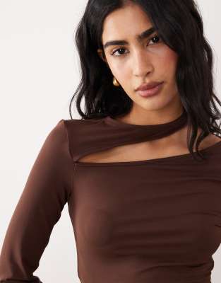 Asos Design Cotton Touch Long Sleeve Top With Cut Out Detail In Brown