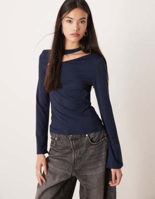 Asos Design Cotton Touch Long Sleeve Top With Cut Out Detail In Blue