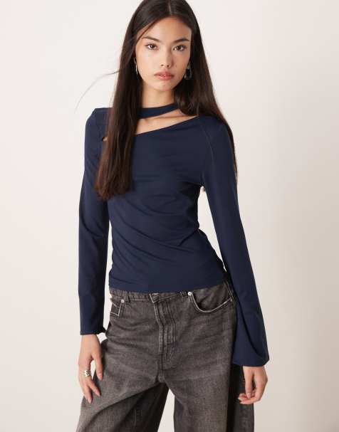ASOS DESIGN cotton touch long sleeve top with cut out detail in fig - view 1