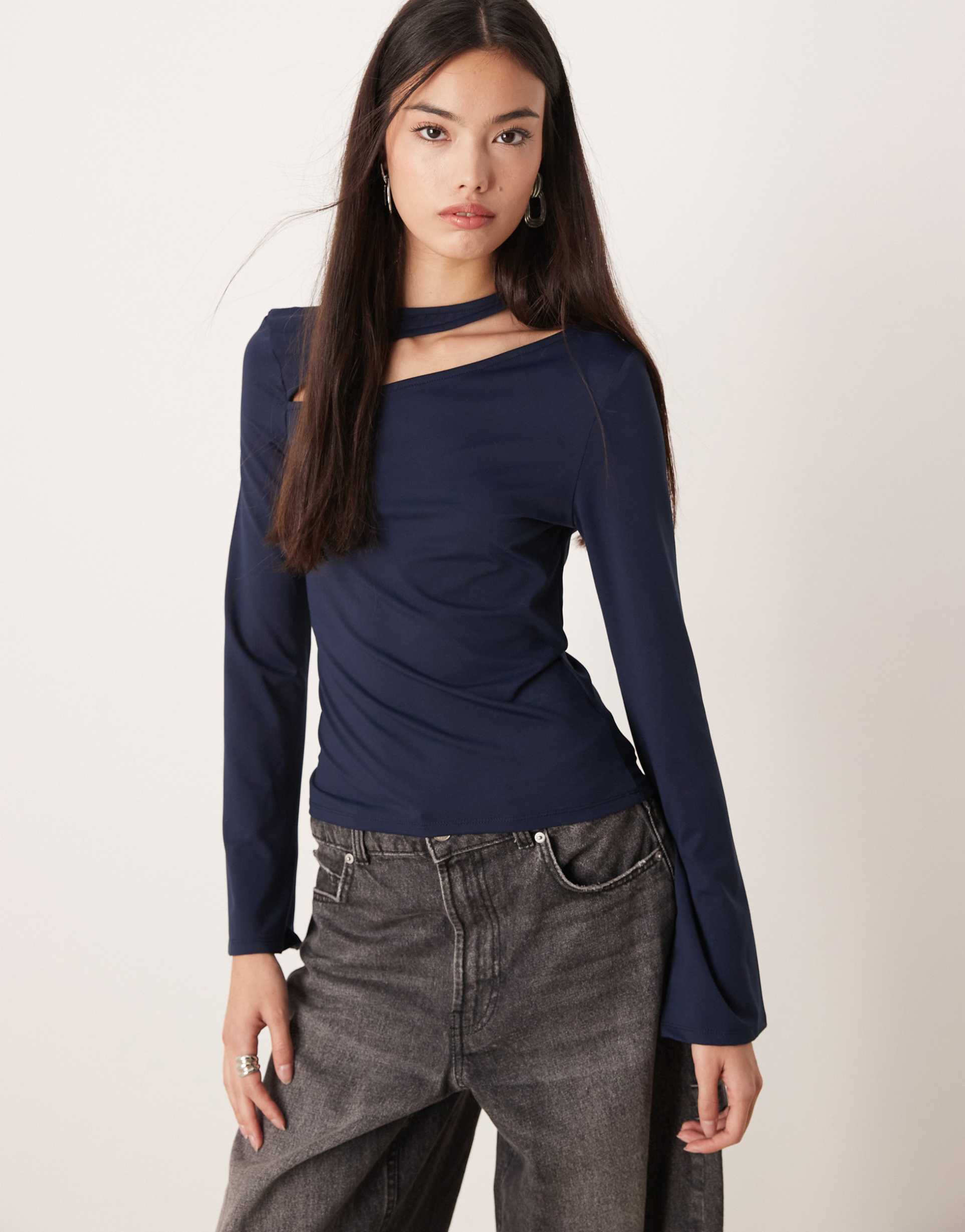 asos design cotton touch long sleeve top with cut out detail in fig