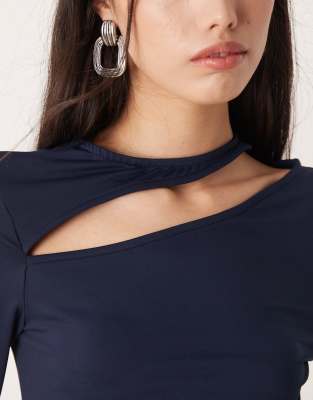 Asos Design Cotton Touch Long Sleeve Top With Cut Out Detail In Blue