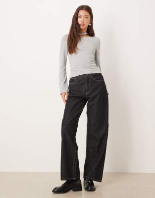 Asos Design Cotton Touch Long Sleeve Top With Cut Out Detail In Gray