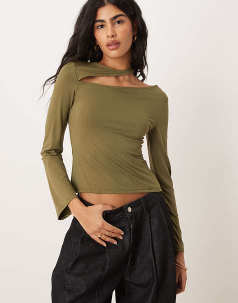 ASOS DESIGN cotton touch long sleeve top with cut out detail in khaki - view 1