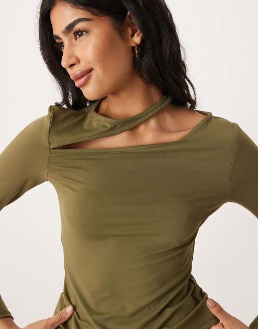 ASOS DESIGN cotton touch long sleeve top with cut out detail in khaki, 2 of 4