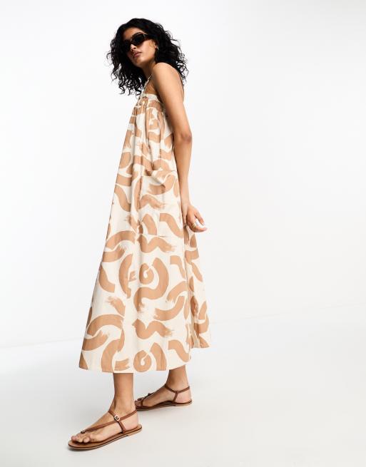ASOS DESIGN cotton trapeze overall midi sundress in brown abstract print