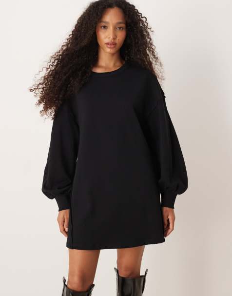 ASOS DESIGN cotton trapeze sweat mini dress in black - view 1
