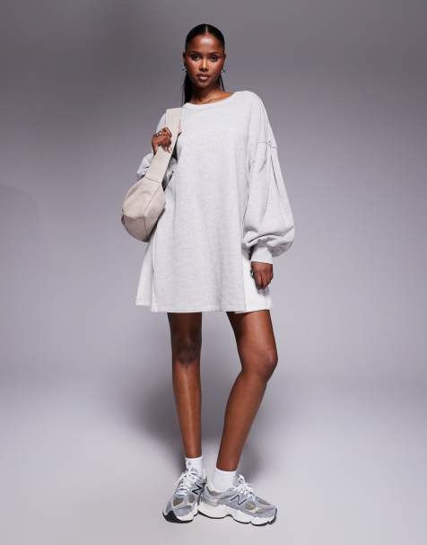 ASOS DESIGN cotton trapeze sweat mini dress in Grey Marl - view 1