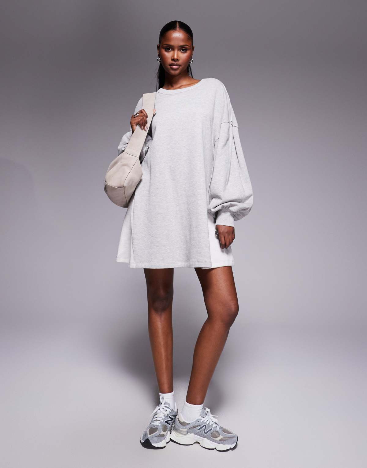ASOS DESIGN cotton trapeze sweat mini dress in Grey Marl