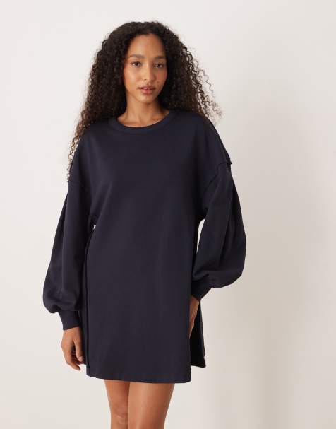 ASOS DESIGN cotton trapeze sweat mini dress in navy - view 1