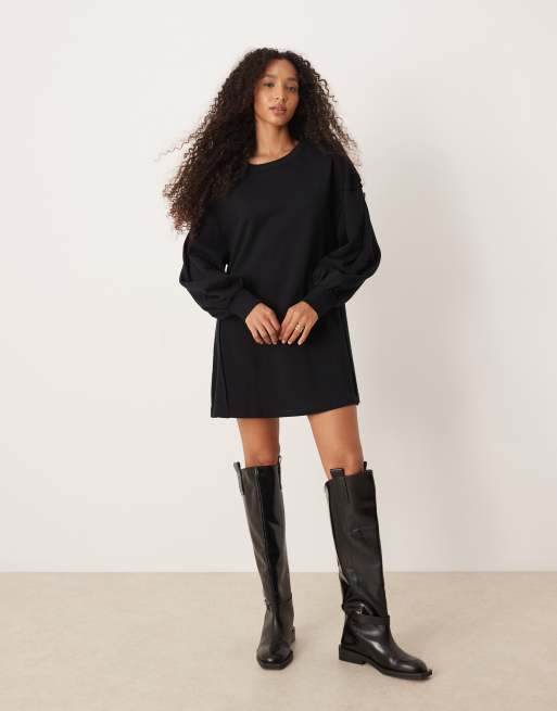 ASOS DESIGN cotton trapeze sweatshirt fabric mini dress in black, 2 of 4