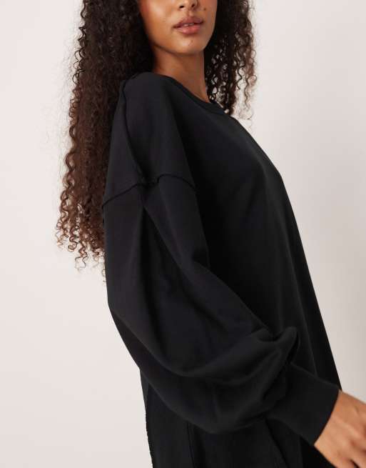 ASOS DESIGN cotton trapeze sweatshirt fabric mini dress in black, 3 of 4