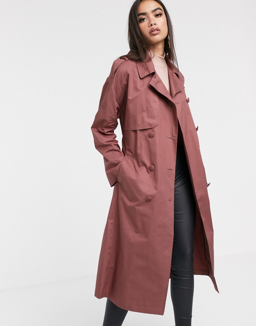 ASOS DESIGN cotton trench coat with self belt in dark rose-Pink