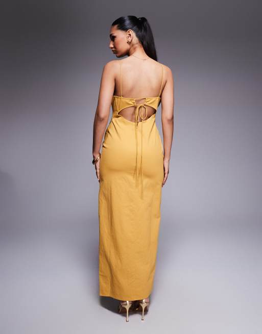ASOS DESIGN cotton twill corset midi with embroidered bust detail in mustard