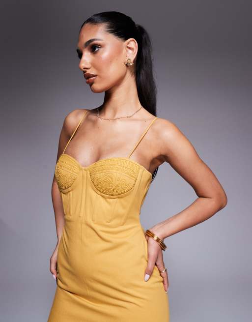 ASOS DESIGN cotton twill corset midi with embroidered bust detail in mustard