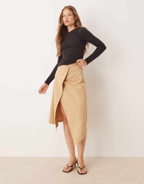 ASOS DESIGN cotton twill hanky hem skirt in stone - view 1