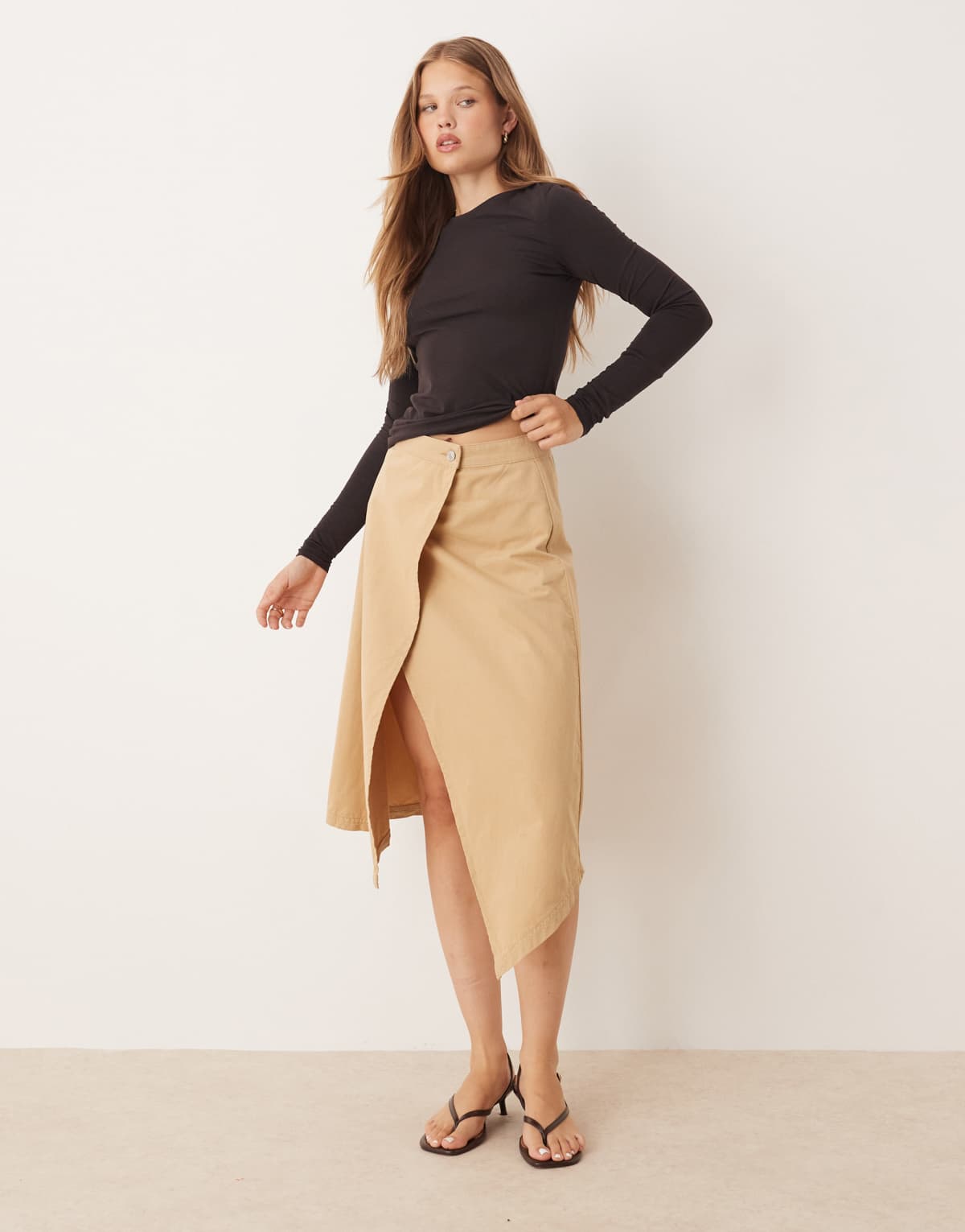 ASOS DESIGN cotton twill hanky hem skirt in stone