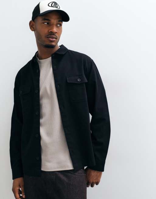 ASOS DESIGN cotton twill overshirt in black, 4 of 5