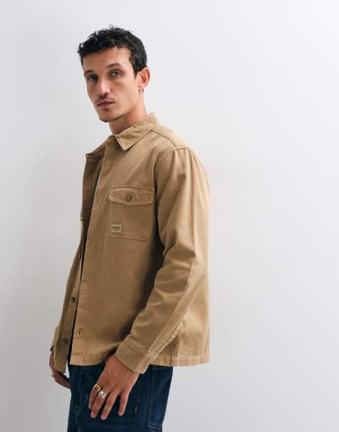 ASOS DESIGN cotton twill overshirt with badge in beige - view 1