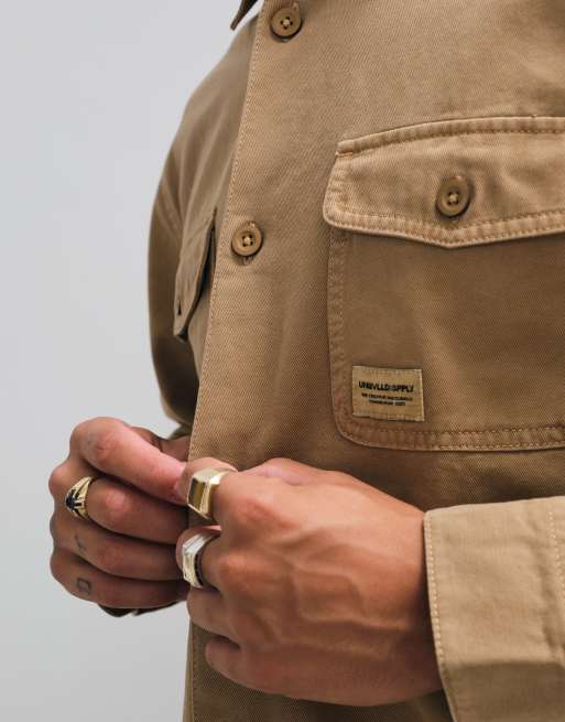 ASOS DESIGN cotton twill overshirt with badge in beige, 2 of 5