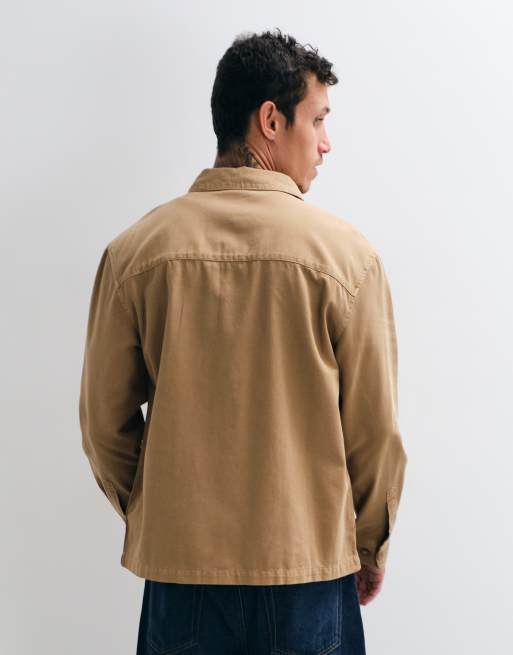 ASOS DESIGN cotton twill overshirt with badge in beige, 3 of 5