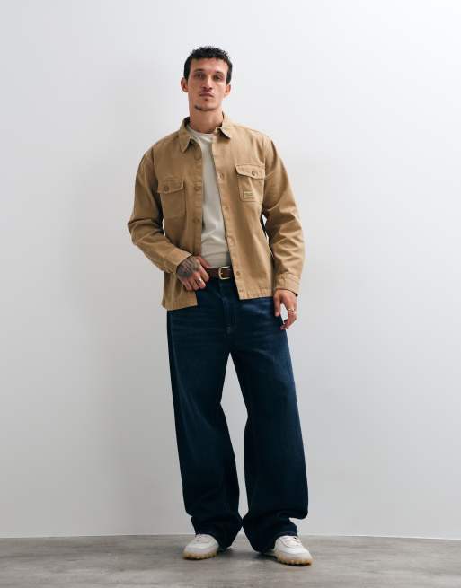 ASOS DESIGN cotton twill overshirt with badge in beige, 4 of 5