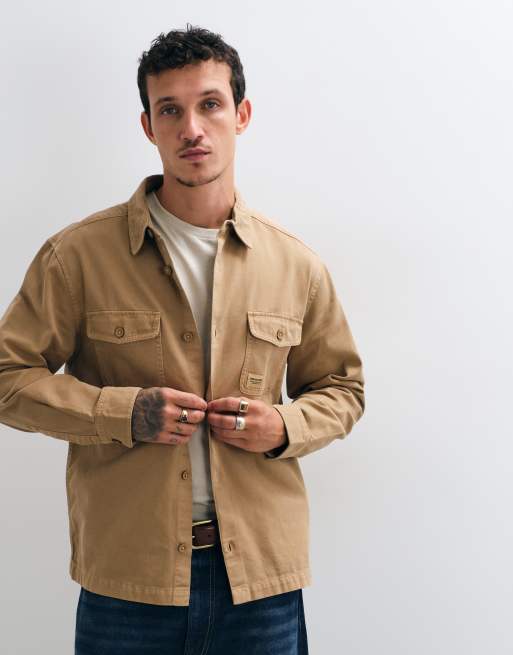 ASOS DESIGN cotton twill overshirt with badge in beige, 5 of 5