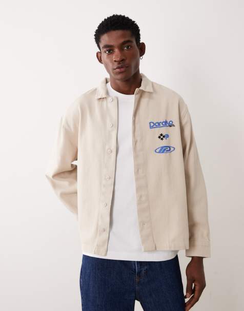 ASOS DESIGN cotton twill oversized shirt with chest embroidery in beige