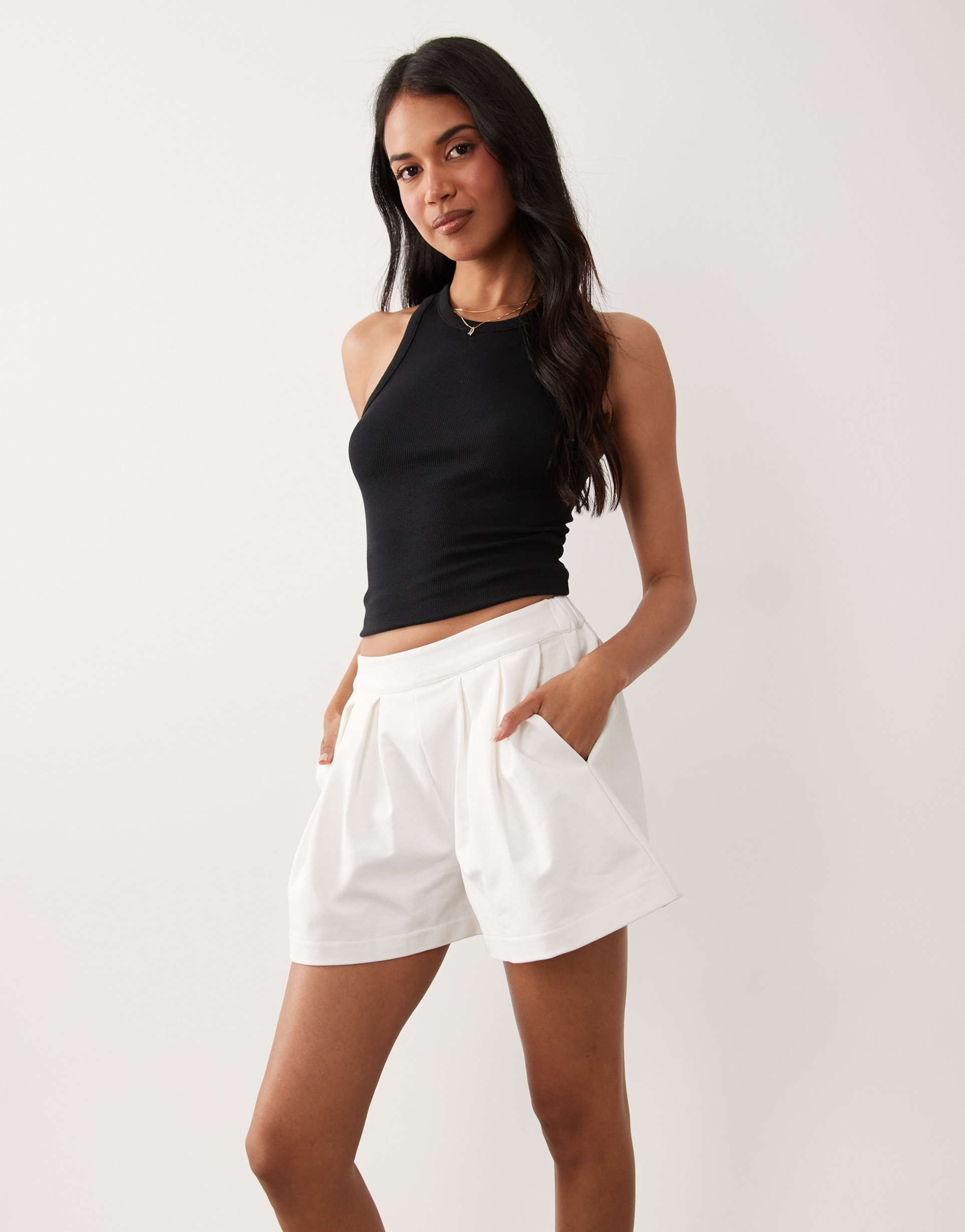 asos design cotton twill pleated shorts in white