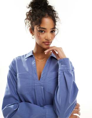 asos design cotton twill pocket shift mini dress with raw hem in denim blue