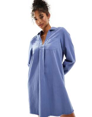 asos design cotton twill pocket shift mini dress with raw hem in denim blue