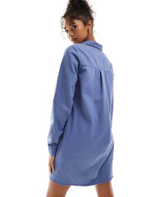 asos design cotton twill pocket shift mini dress with raw hem in denim blue