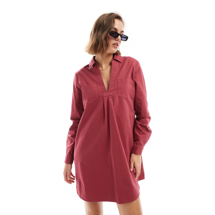 ASOS DESIGN cotton twill pocket shift mini dress with raw hem in raspberry red