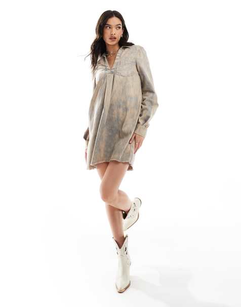ASOS DESIGN cotton twill pocket shift mini dress with raw hem in washed denim blue - view 1