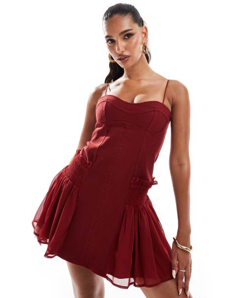 ASOS DESIGN cotton twill super mini dress with georgette shirred skirt overlay in red - view 1