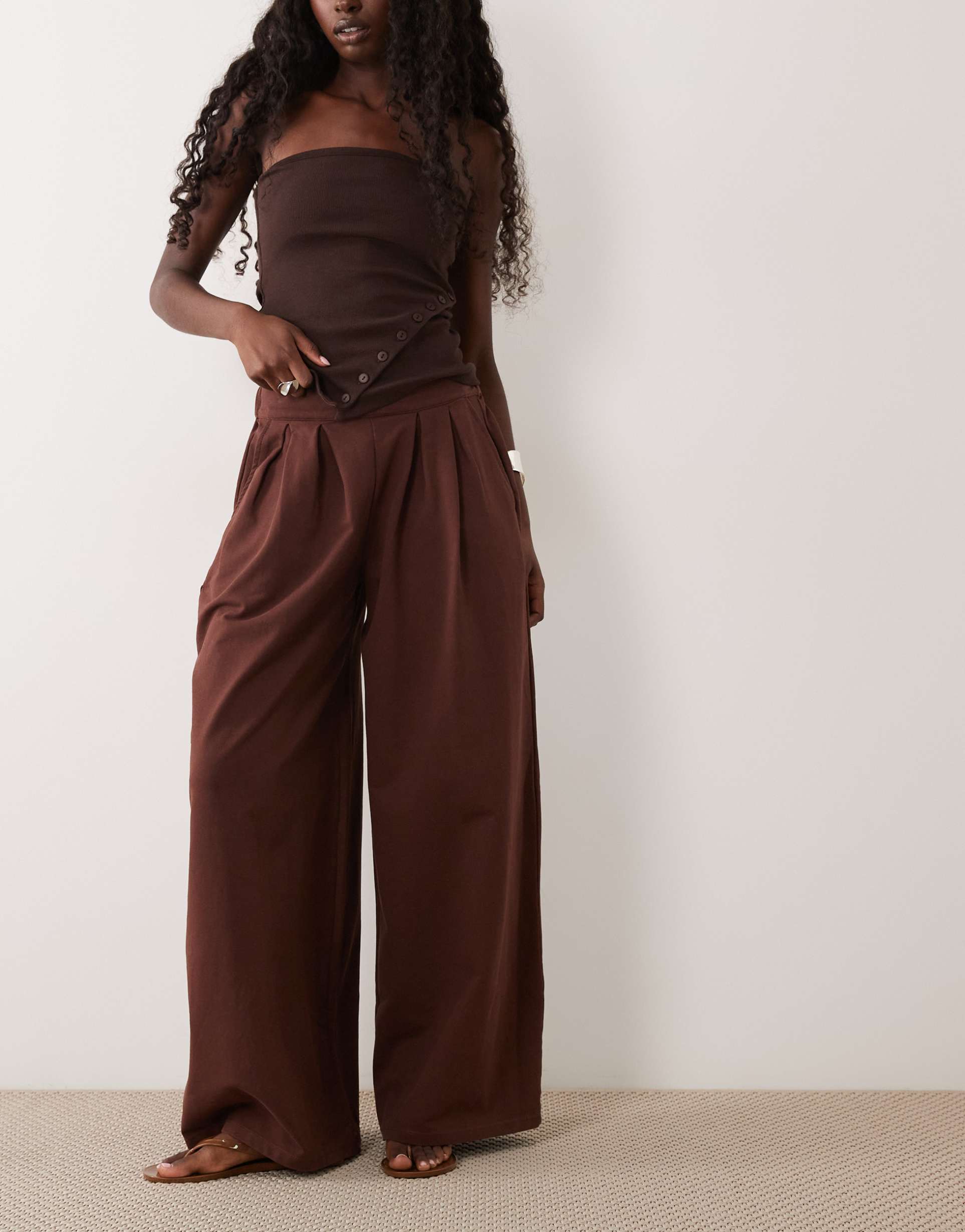 asos design cotton twill wide leg pants in chocolate