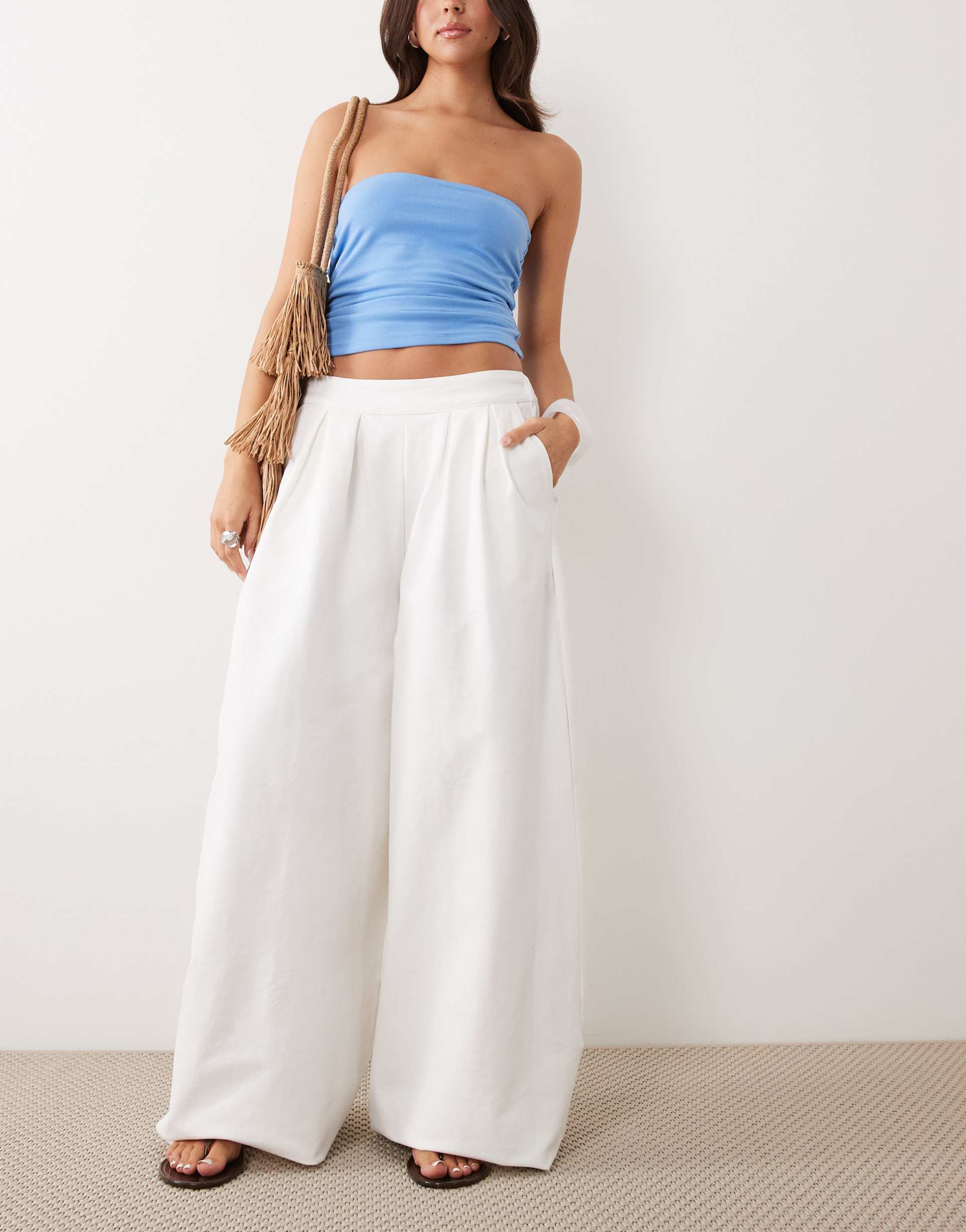 asos design cotton twill wide leg pants in white