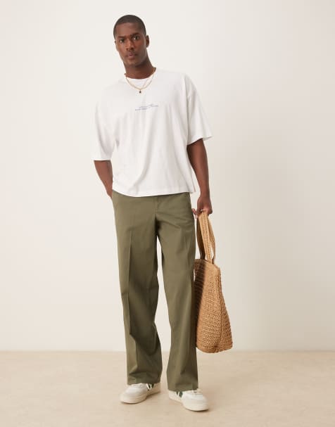 ASOS DESIGN cotton twill wide leg trousers in green - view 1
