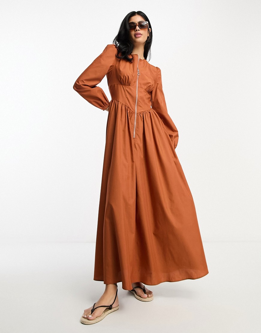 ASOS DESIGN cotton utility drop waist maxi dress with zip detail in tobacco-Brown