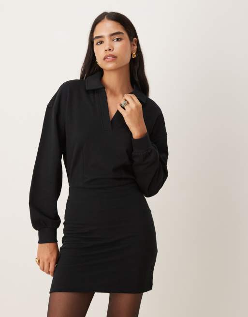 ASOS DESIGN cotton V front collared waisted sweat mini dress in black