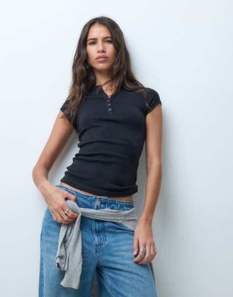 ASOS DESIGN cotton V neck button detail henley baby tee in black - view 1